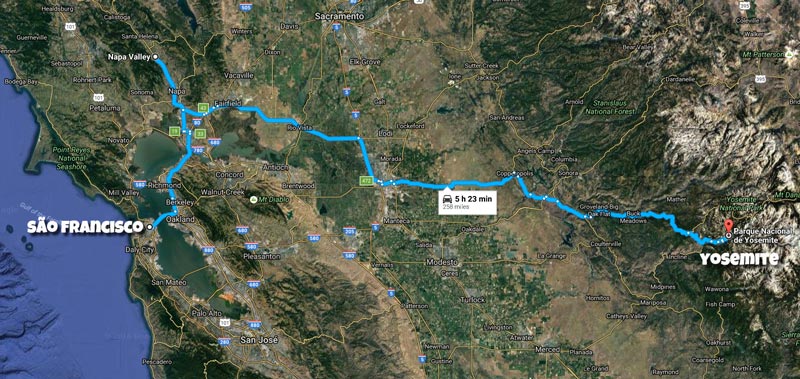 Mapa Road Trip California - São Francisco até Yosemite, passando pelo Napa Valley Mapa Road Trip California - São Francisco até Yosemite, passando pelo Napa Valley