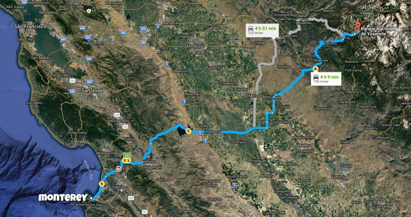 Road Trip Roteiro Califórnia - De São Francisco a Los Angeles Mapa Roteiro Road Trip California: San Francisco a Los Angeles - Yosemite para Monterey