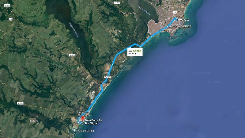 Mapa: Como Chegar em Barra de São Miguel e Praia do Gunga