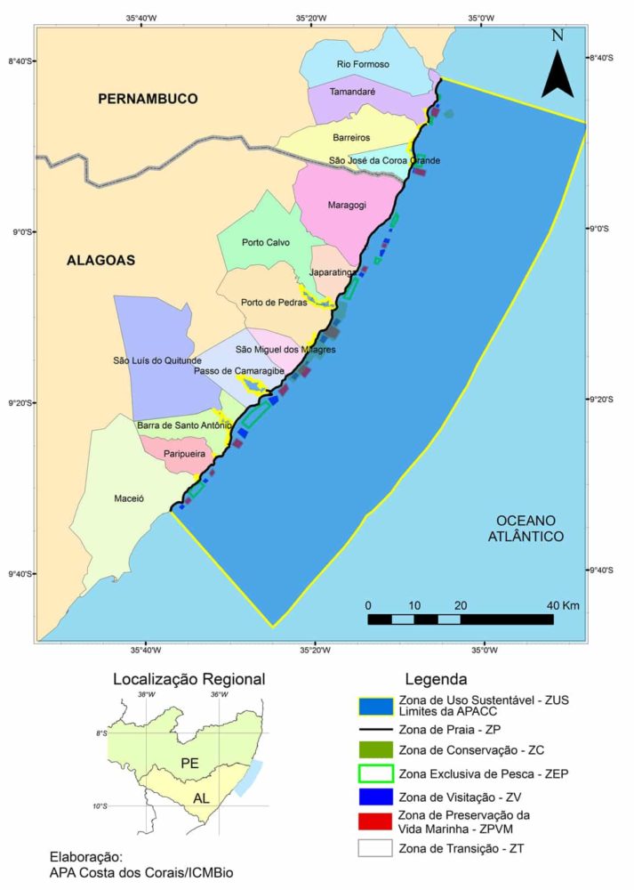 Mapa da Costa dos Corais: Roteiro de Viagem em Alagoas e Pernambuco. Fonte: APA Costa dos Corais