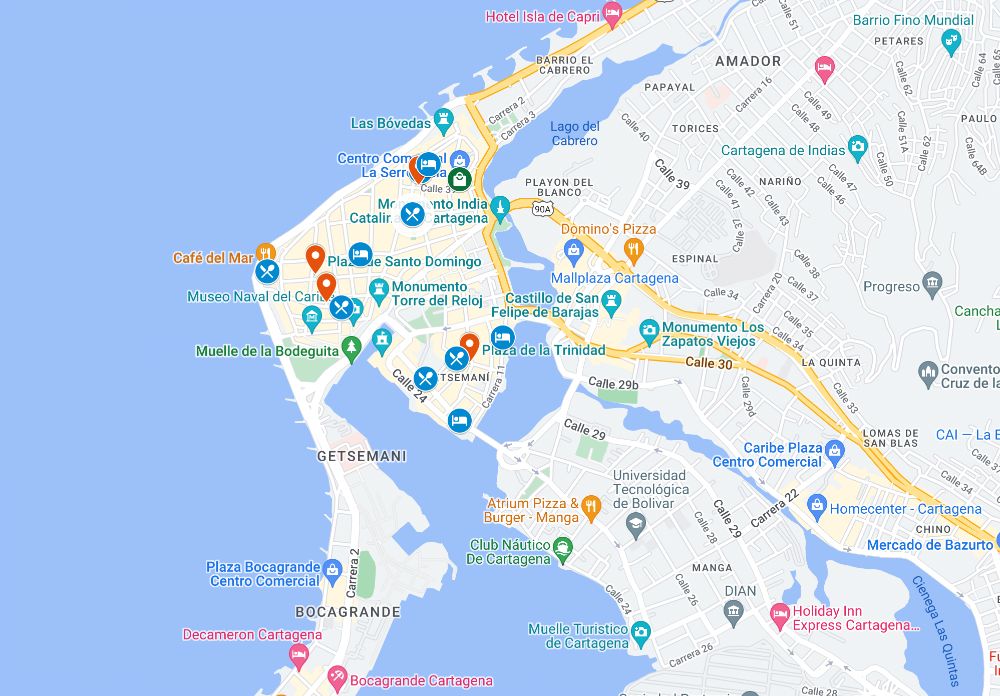 Mapa de Cartagena: Hotéis, Restaurantes e Principais Pontos Turísticos